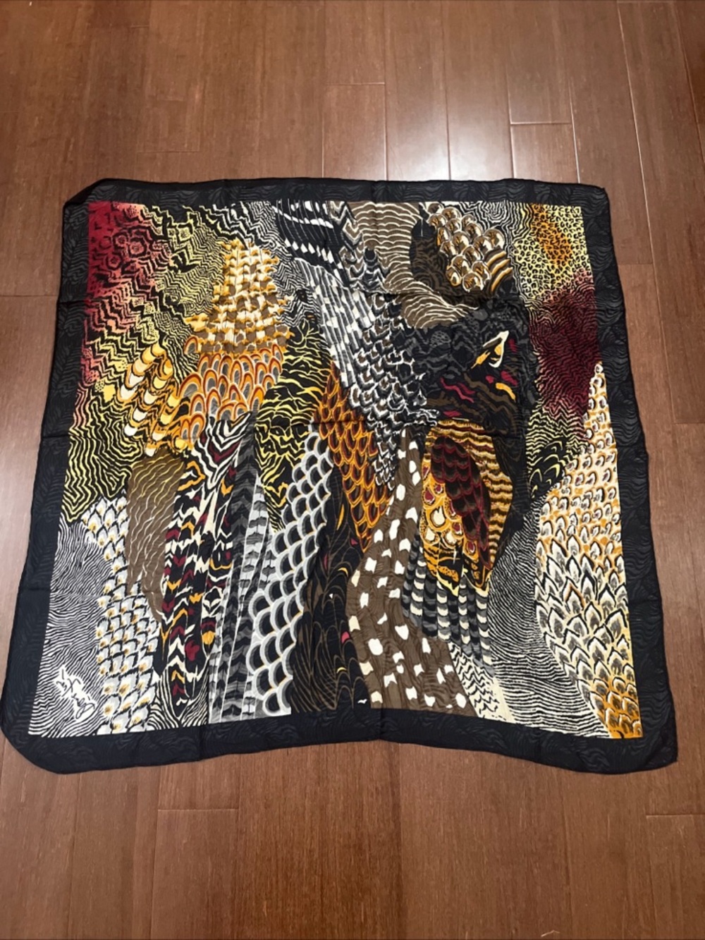 Vintage Diane Freis Large Black Multicolored Feathers Motif Silk Scarf Shawl